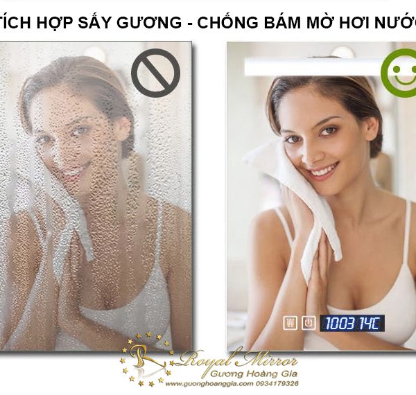 Gương Hoàng Gia tích hợp công nghệ Sấy gương cao cấp thường chỉ thấy trên xe hơi giúp phá hơi nước giữ cho mặt gương luôn trong sáng ngay cả trong điều kiện nồm ẩm hay hơi nước nhà tắm